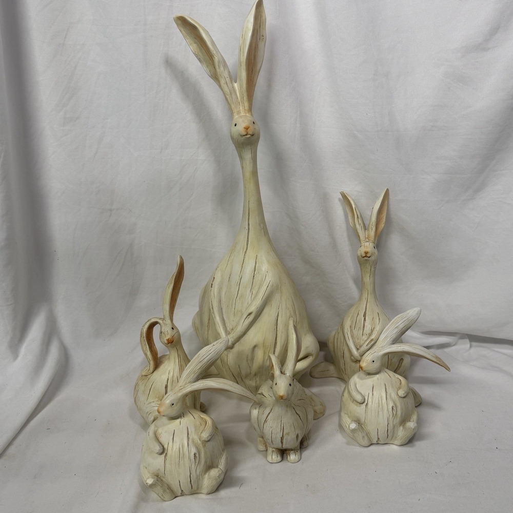 6 Long Ear 18" Bunny Rabbit Whimsical Wood Resin Sculpture Figurine Easter Set